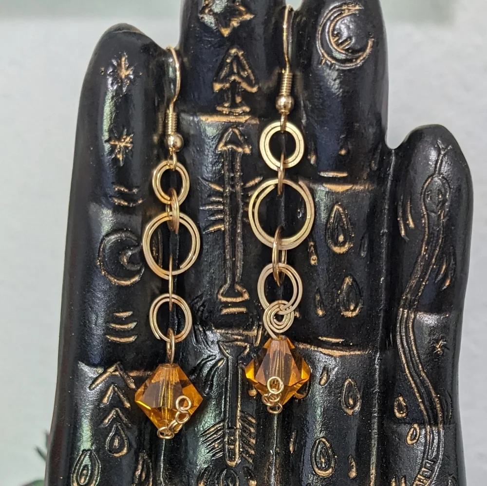 Gold & Czech Glass Earrings Mini Hoops Spiral Amber Artisan Wrapped Cute Unique - Picture 6 of 7